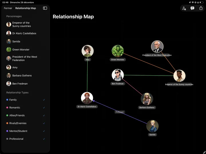 WriCo character relationship map across an iPad display