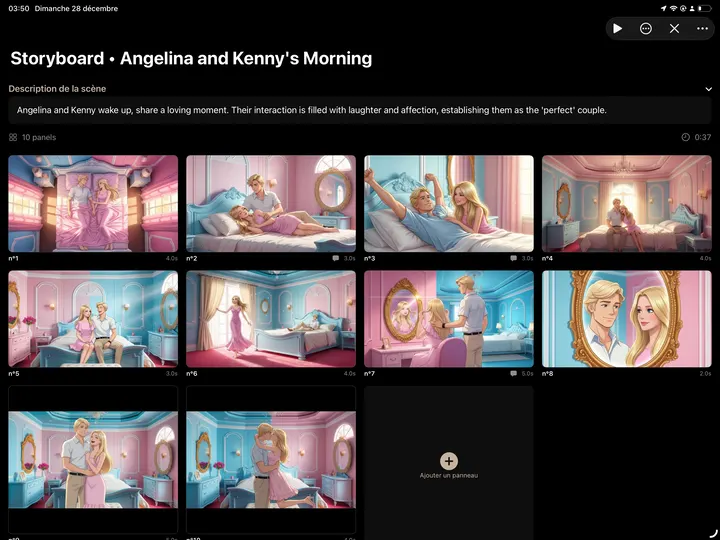 WriCo storyboard spread across the iPad interface