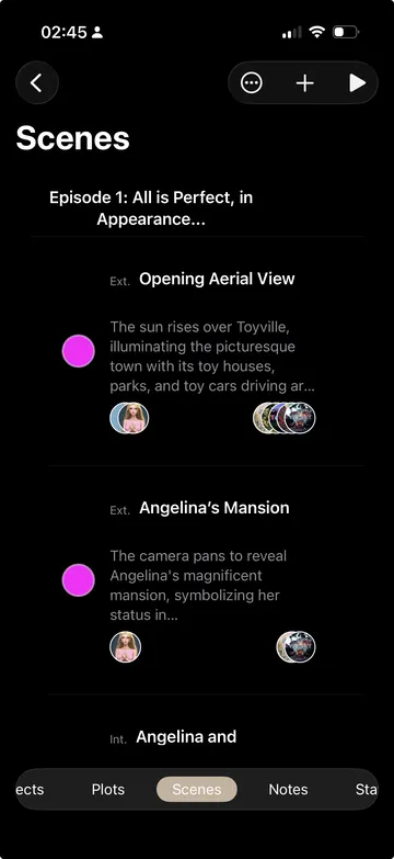 WriCo scene outline on iPhone in dark mode
