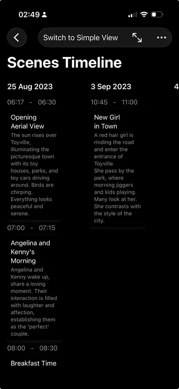 WriCo chronological scene timeline on iPhone