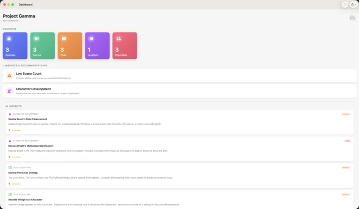 WriCo story dashboard in a native Mac window