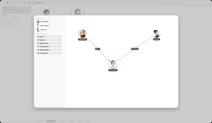 WriCo relationship map in a native Mac window