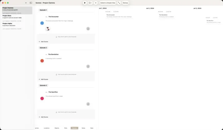 WriCo scene timeline in a native Mac window