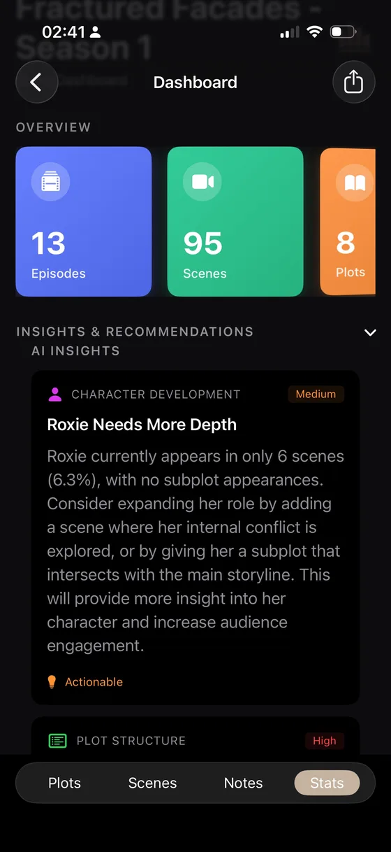 WriCo story dashboard with project counts and AI-assisted insights on iPhone